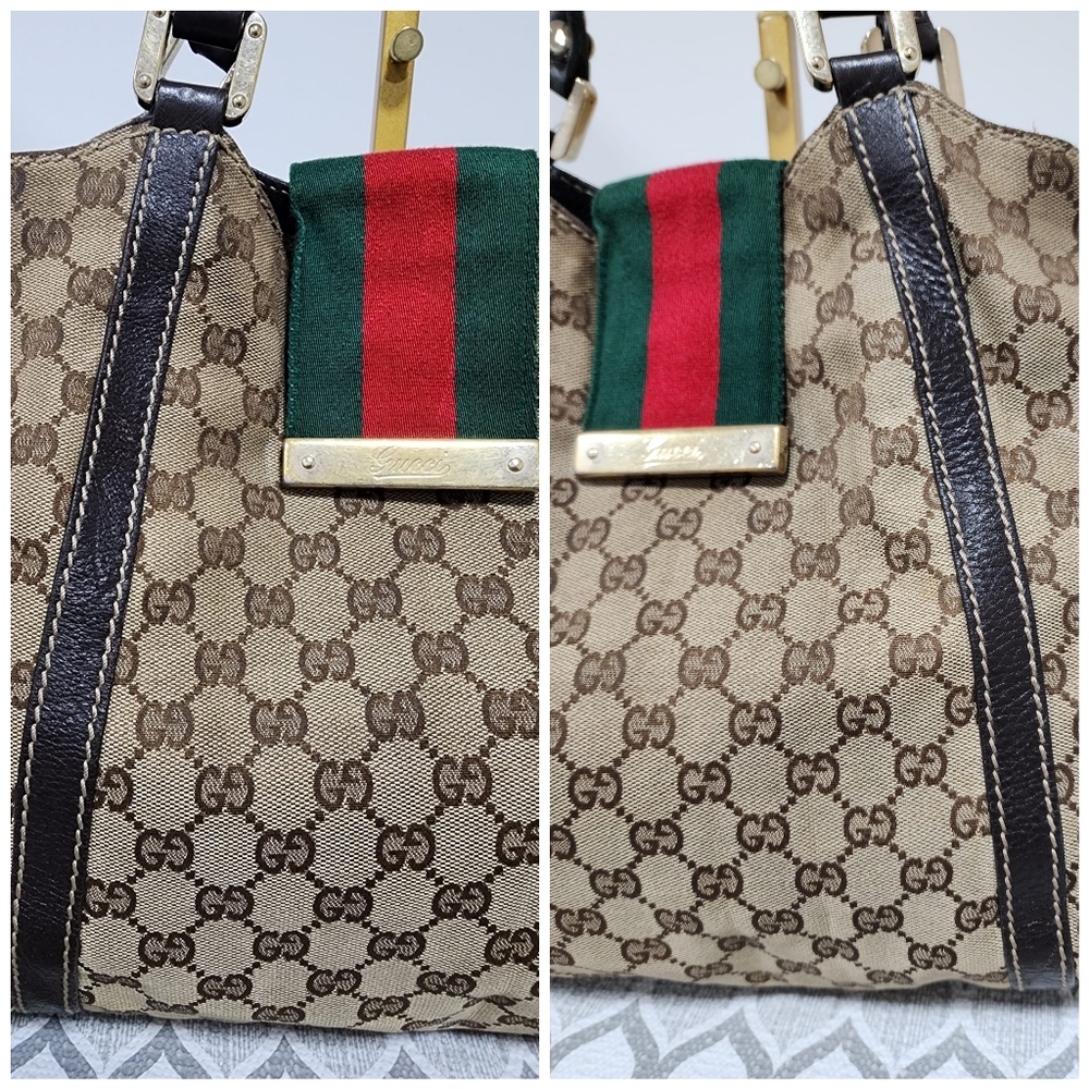 Gucci Beige GG Canvas Tote with Brown Trim and Green-Red Web - Picture 9 of 14
